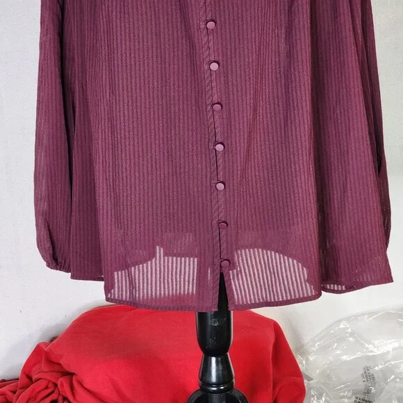 Time & Tru Metropolis Burgundy LS Tie Neck Poly Relaxed Fit Button Up Top Sz XXL - Picture 6 of 16